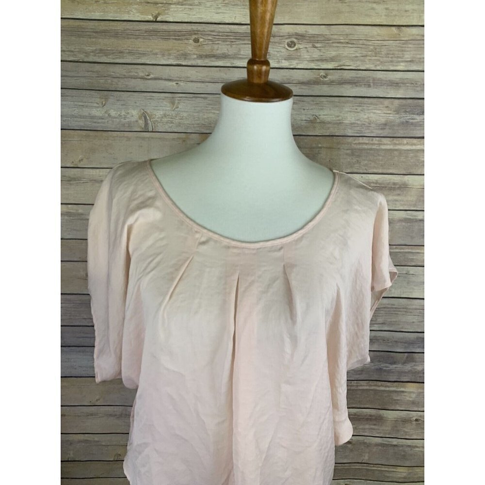 ByBy Womens Large Blush Blouse Flutter Sleeve Pleated Neckline Rounded Hem